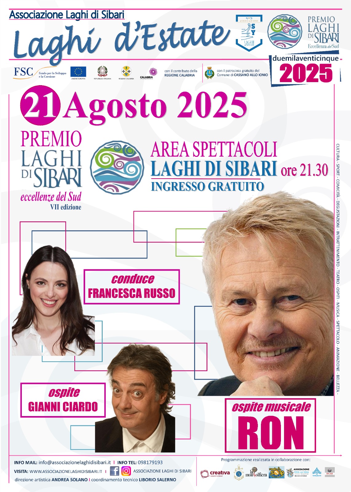 Locandina Premio Laghi di Sibari 2025 con Francesca Russo, Gianni Ciardo e Ron
