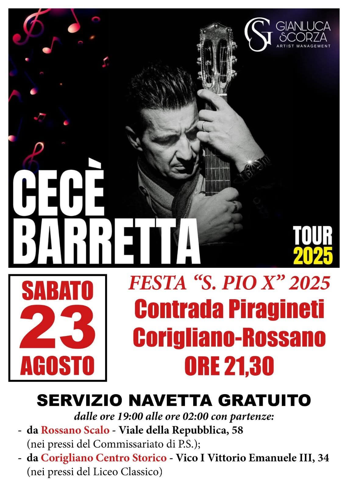 Concerto di Cecè Barretta alla Festa di San Pio X a Corigliano-Rossano 2025